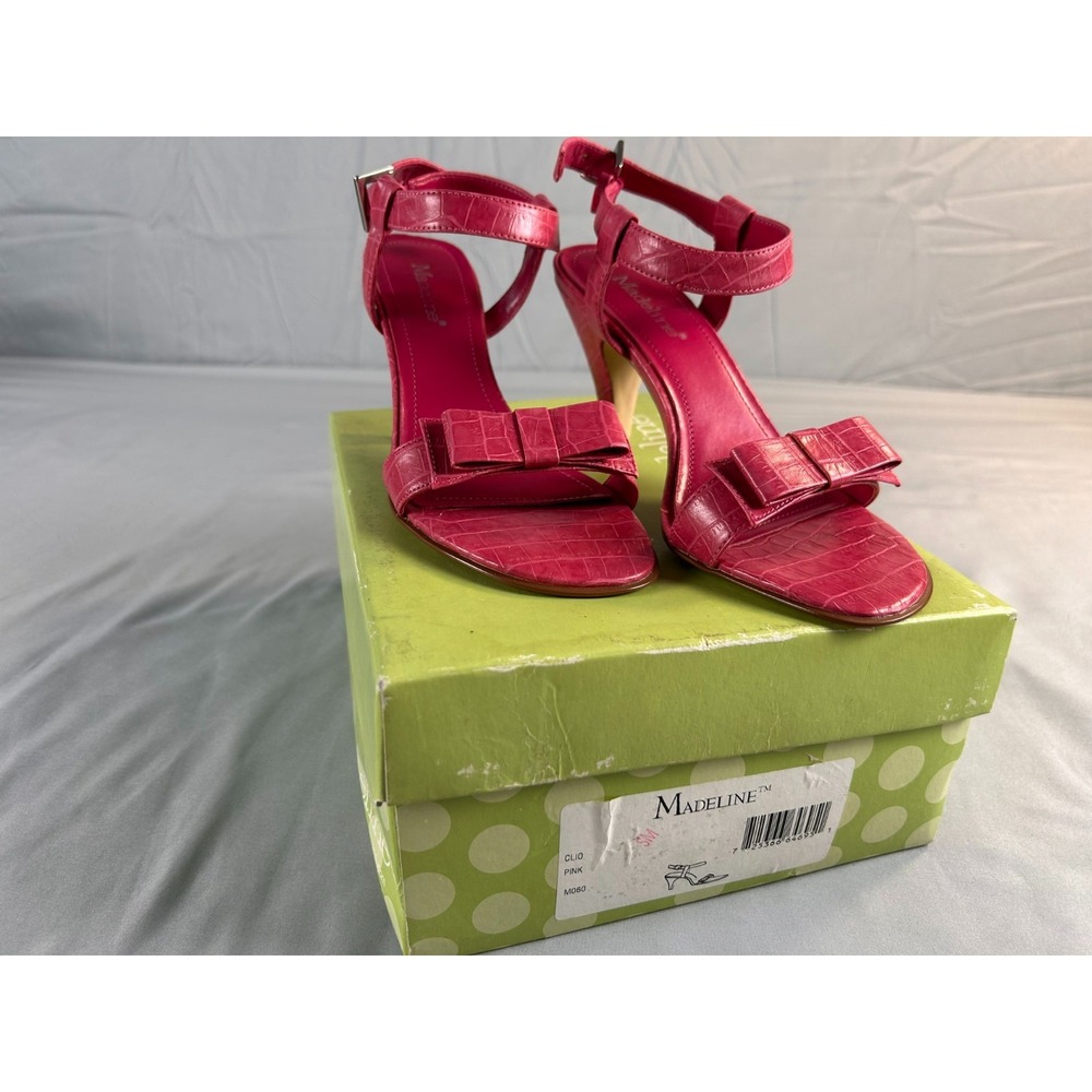 Madeline Women Heels Size‎ 6 Pink Croc Embossed Ankle Strap Bow Sandals Y2K